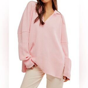 We the Free Thermal Oversized Collared Top Travis Waffle Polo Size Small Pink